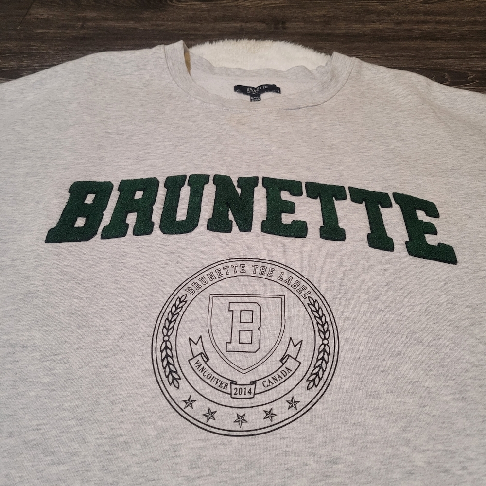 Brunette The Label Stepsis Crew Sherling Lettering in Pebble Grey/Green sz L/XL - Picture 7 of 8